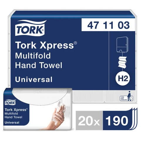 Полотенце бумажное КОМПЛЕКТ 190 шт., TORK (Система H2) Universal, 2-слойное,