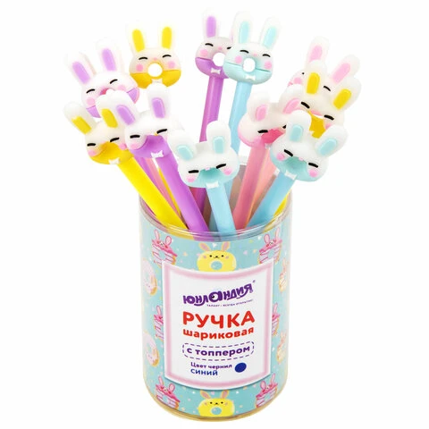 Ручка с топпером шариковая ЮНЛАНДИЯ "Зайка-пончик", корпус ассорти,