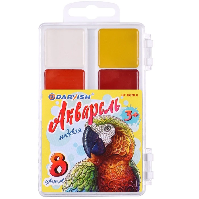 Краски аквар. 8цв. "Попугай" медовые б/к пластиковая упаковка Краски аквар. 8цв. "Попугай" медовые б/к пластиковая упаковка
