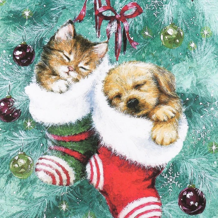 Декупажная карта "Котёнок, щенок в носочках" плотность 45г/м2 формат