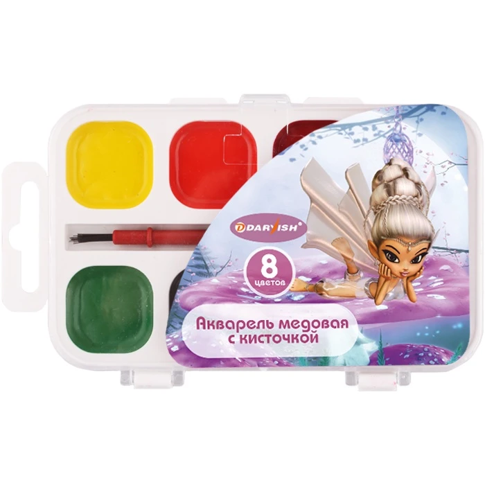 Краски аквар. медовая 8цв "Darvish" с кисточкой для девочек Краски аквар. медовая 8цв "Darvish" с кисточкой для девочек