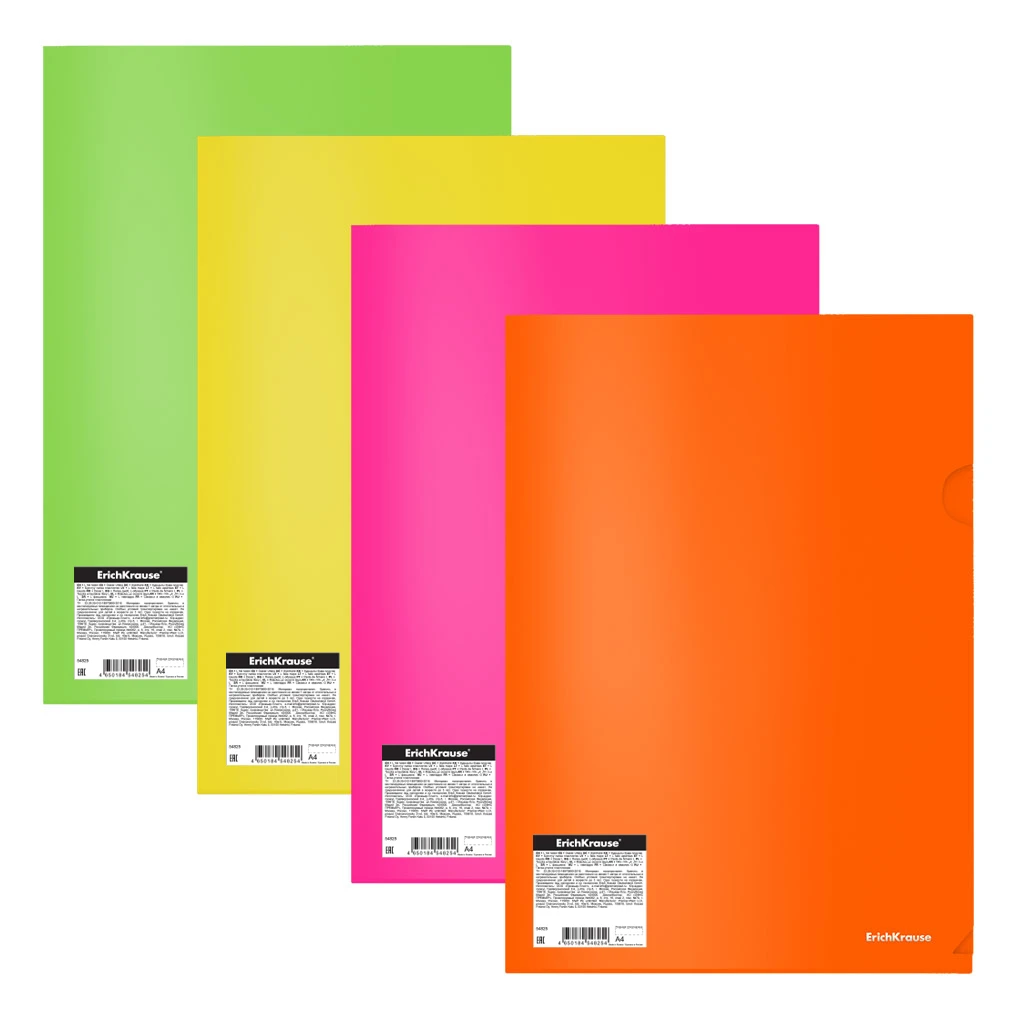 Папка-уголок пластиковая ErichKrause® Glossy Neon, A4, полупрозрачный, ассорти