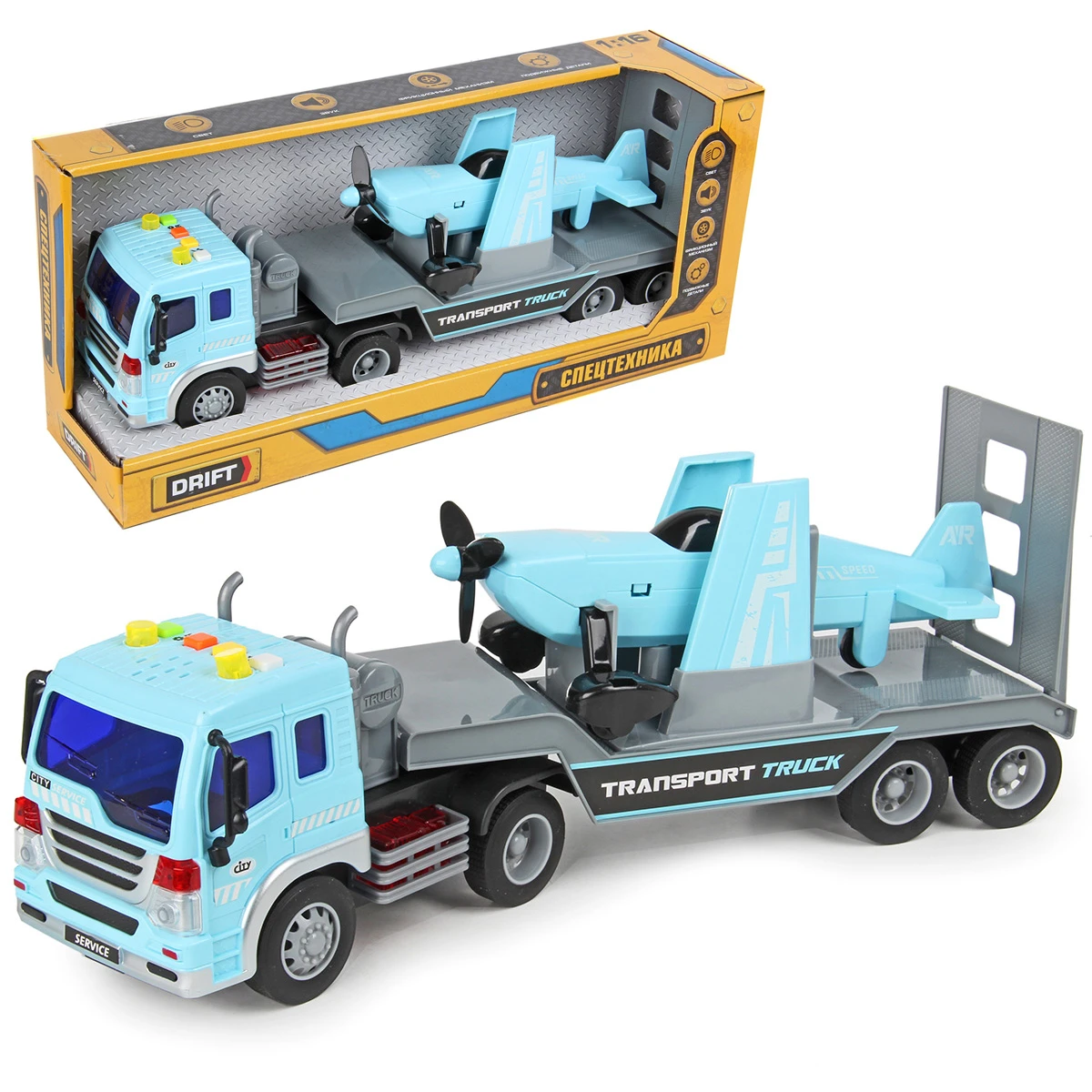 Автовоз с самолетом BLUE TRANSPORT TRUCK 1:16, фрикц.механизм, со звуком и  светом купить оптом, цена от 1375.25 руб. 4680448292845