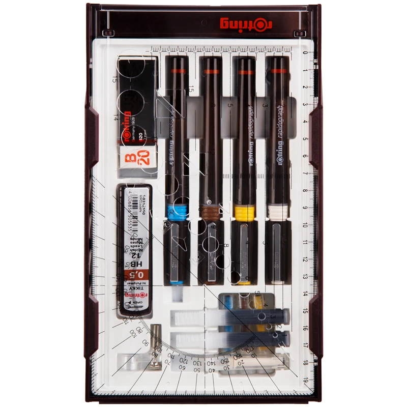 Набор рапидографов Rotring 0.25/0.35/0.5/0.7 мм, грифели, ластик, насадка для