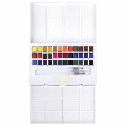 Акварель художественная кюветы НАБОР 36 цветов по 3,5 г, пластиковый кейс,