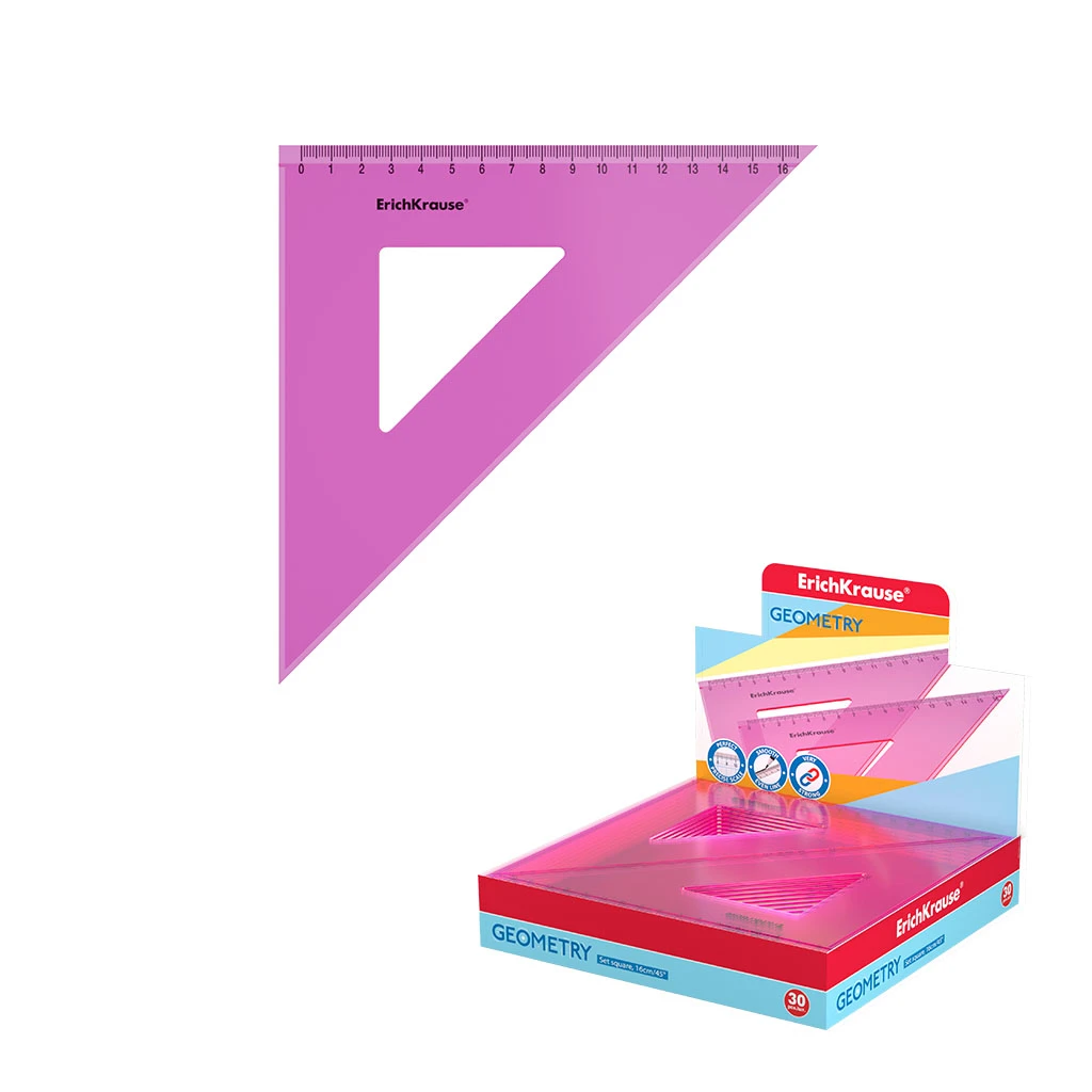 Угольник пластиковый Erich Krause Neon, 16см/45°, розовый, в коробке-дисплее