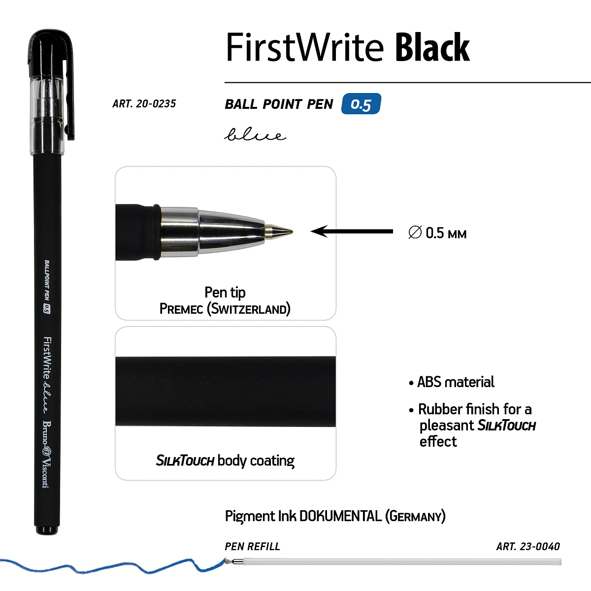 НАБОР ИЗ 5-ТИ РУЧЕК "FirstWrite. Black" ШАРИКОВАЯ 0.5 ММ, СИНЯЯ