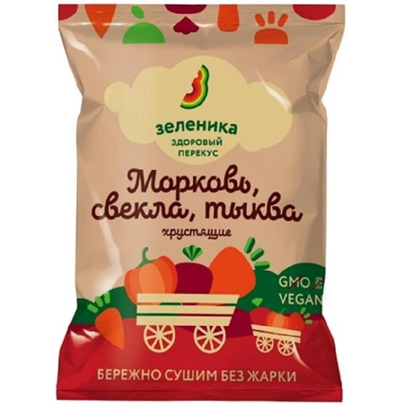 Снеки Зеленика морковь,свекла,тыква хрустящая,здоровый овощной перекус, 30г.