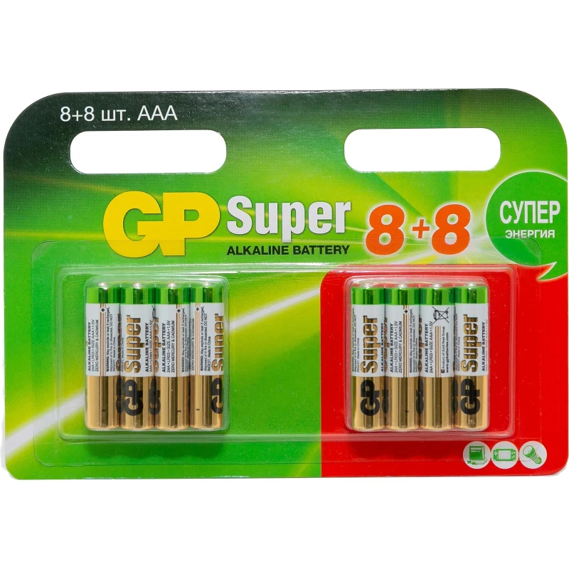 Батарейка GP Super LR03/AAA 1,5V/24A алкалин 16шт/бл (8+8) GP 24A8/8-2CRD16