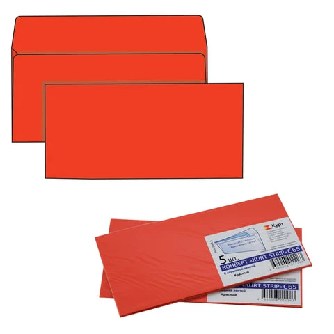 Конверты С65, комплект 5 штук, отрывная полоса STRIP, красные, упаковка с