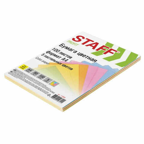 Бумага цветная STAFF COLOR, А4, 80 г/м2, 100 л. (5 цв. х 20 л.), пастель, для