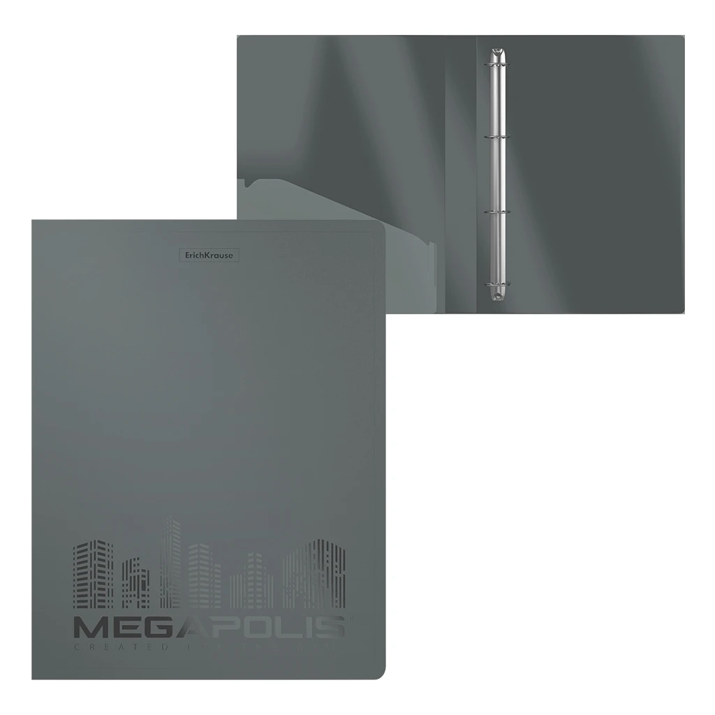 Папка на 4 кольцах пластиковая Erich Krause MEGAPOLIS, 24 мм, А4, серый (в