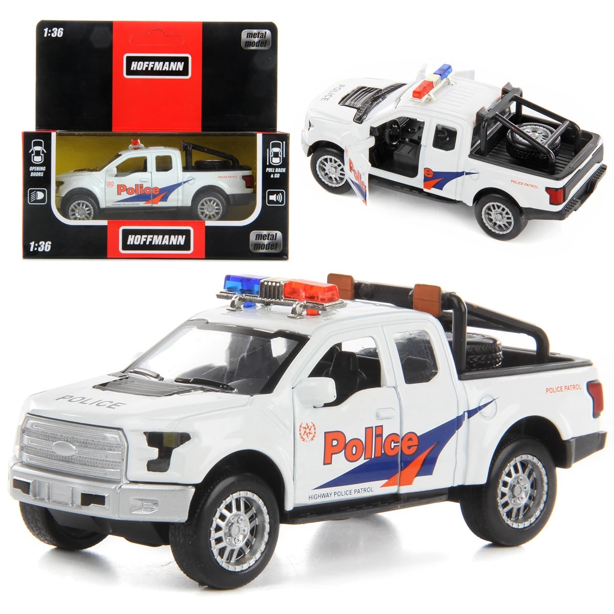 Машина металлическая ПИКАП ПОЛИЦИЯ-W 1:36, , звук/свет, дв.откр., инерция