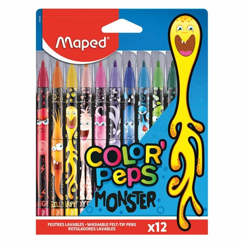 Фломастеры MAPED "COLOR PEP'S Monster", 12 цветов, смываемые,