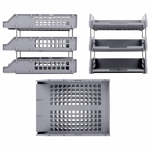 Лотки горизонтальные для бумаг, КОМПЛЕКТ 3 шт., 334х255х271 мм, серый, BRAUBERG