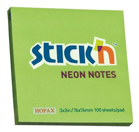 Блок самоклеящийся Stick`n 76x76 мм, 1 штука, 100 листов, 1 цвет, зеленый, неон