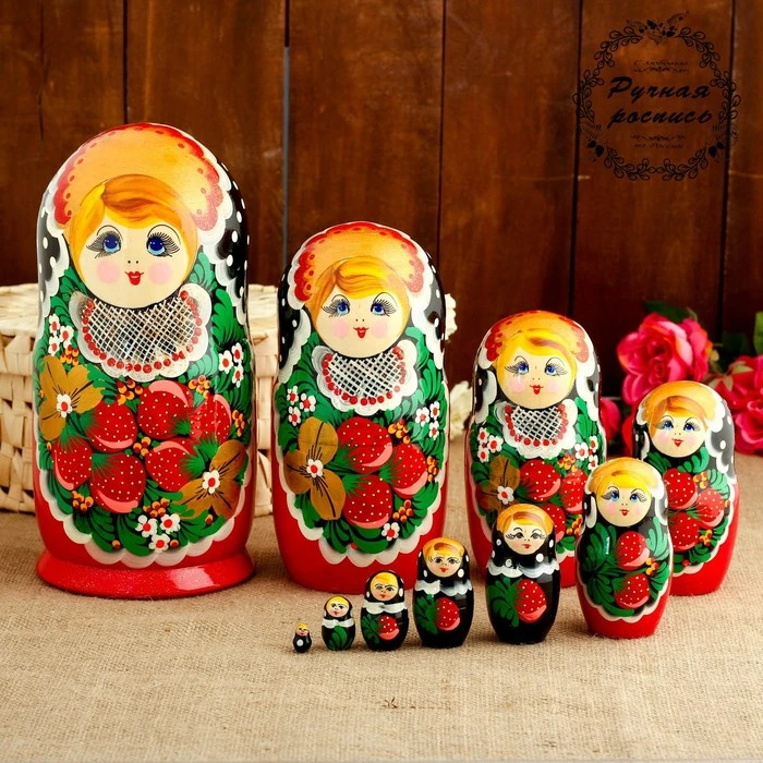 Матрёшка «Хохлома», красное платье, 10 кукольная, 26 см 4062771