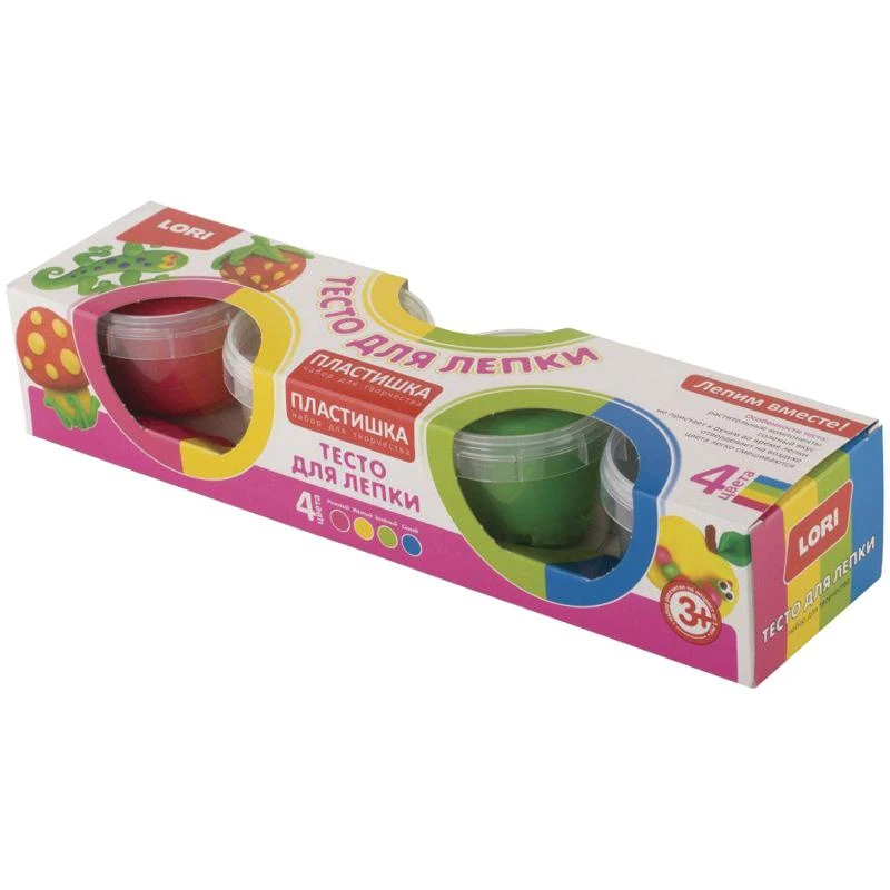 Тесто для лепки 4 цвета*80гр, "Пластишка" яркие цвета, картонная