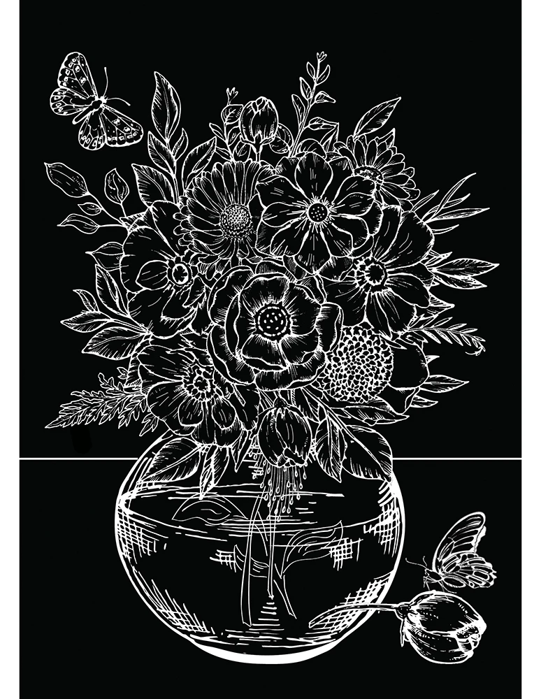 Гравюра А5 с ручкой. Золото. БУКЕТ ЦВЕТОВ И БАБОЧКИ (арт.Г-9415)