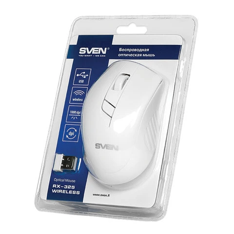 Мышь беспроводная SVEN RX-325, 3 кнопки + 1 колесо-кнопка, оптическая, белая,