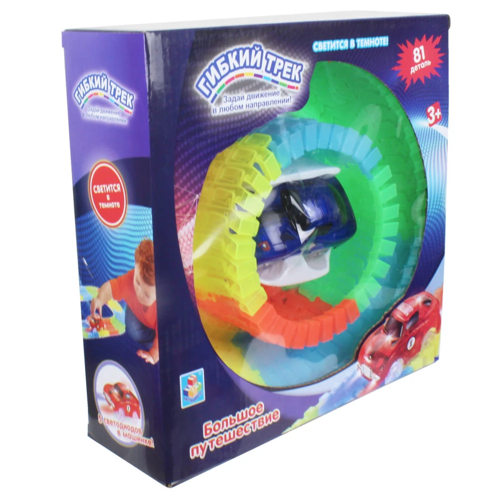 1toy Гибкий трек - большое путешествие, дорога светится, 1 машинка со светом, 80