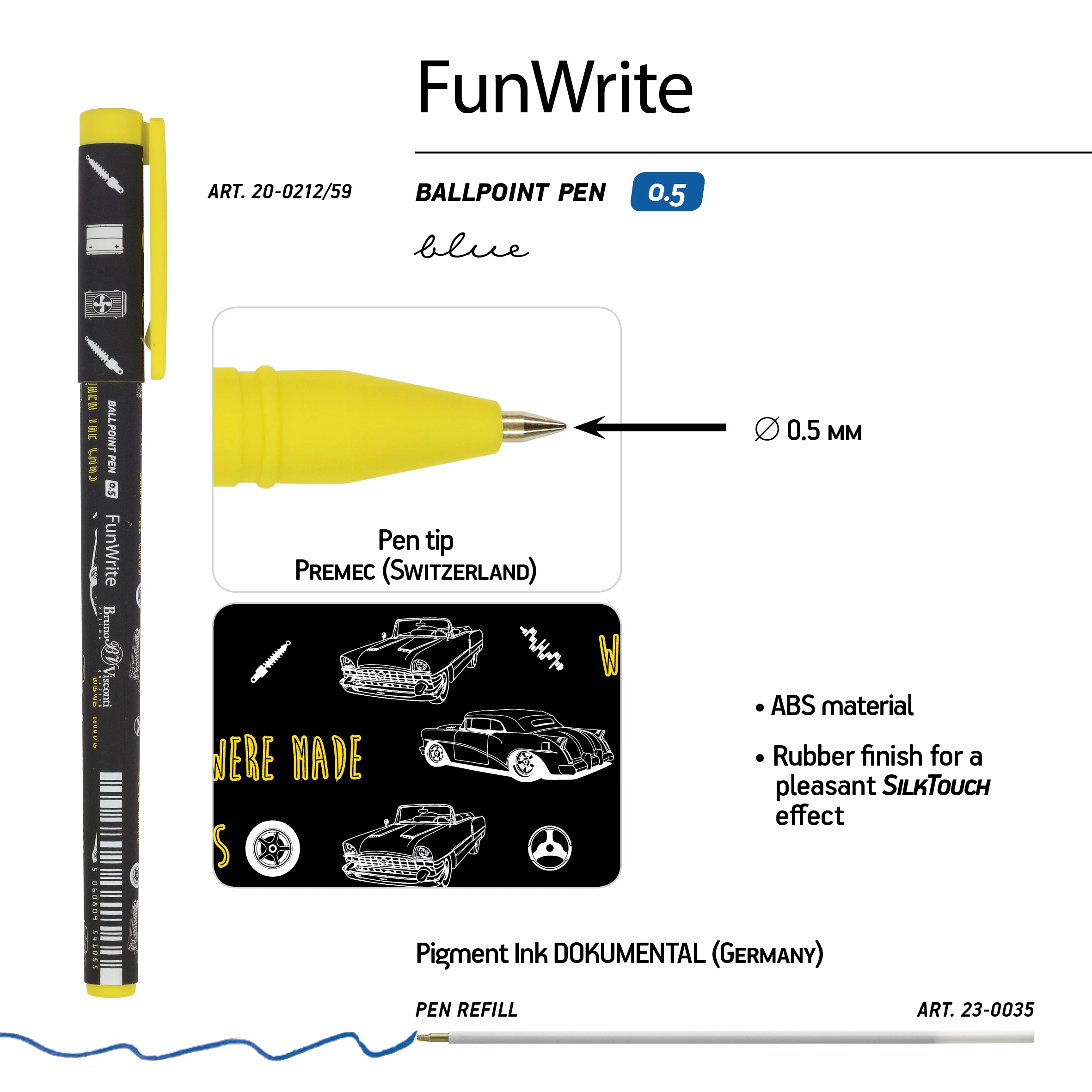 РУЧКА "FunWrite. Машины. Цвет желтый" ШАРИКОВАЯ, 0.5 ММ, СИНЯЯ