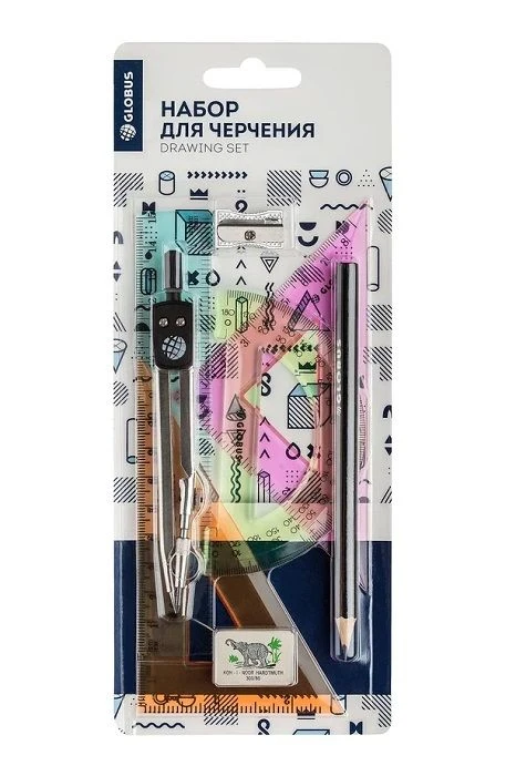 Набор геометр. 8 пр. с циркулем бол. пластик тониров. ассорти европодвес: НГ8-01 Набор геометр. 8 пр. с циркулем бол. пластик тониров. ассорти европодвес: НГ8-01