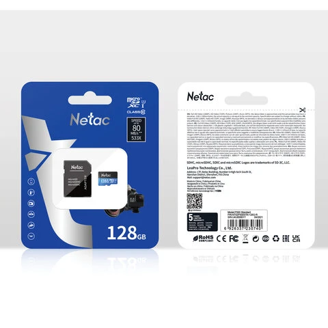 Карта памяти microSDXC 128 ГБ NETAC P500 Standard, UHS-I U1, 90 Мб/с (class 10),