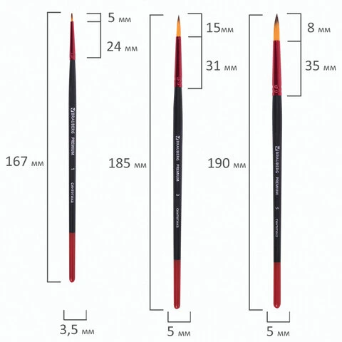 Кисти BRAUBERG PREMIUM, набор 5 шт. (синтетика, круглая № 1, 3, 5, плоская № 5,