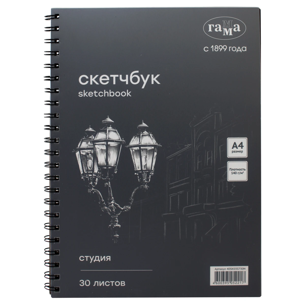 Альбом для графики, 30л., А4, на спирали Гамма "Студия", черный,