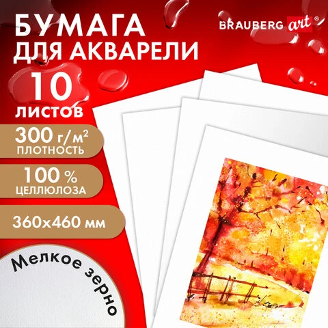 Бумага для акварели 300 г/м2 360x460 мм мелкое зерно, 10 листов, BRAUBERG ART