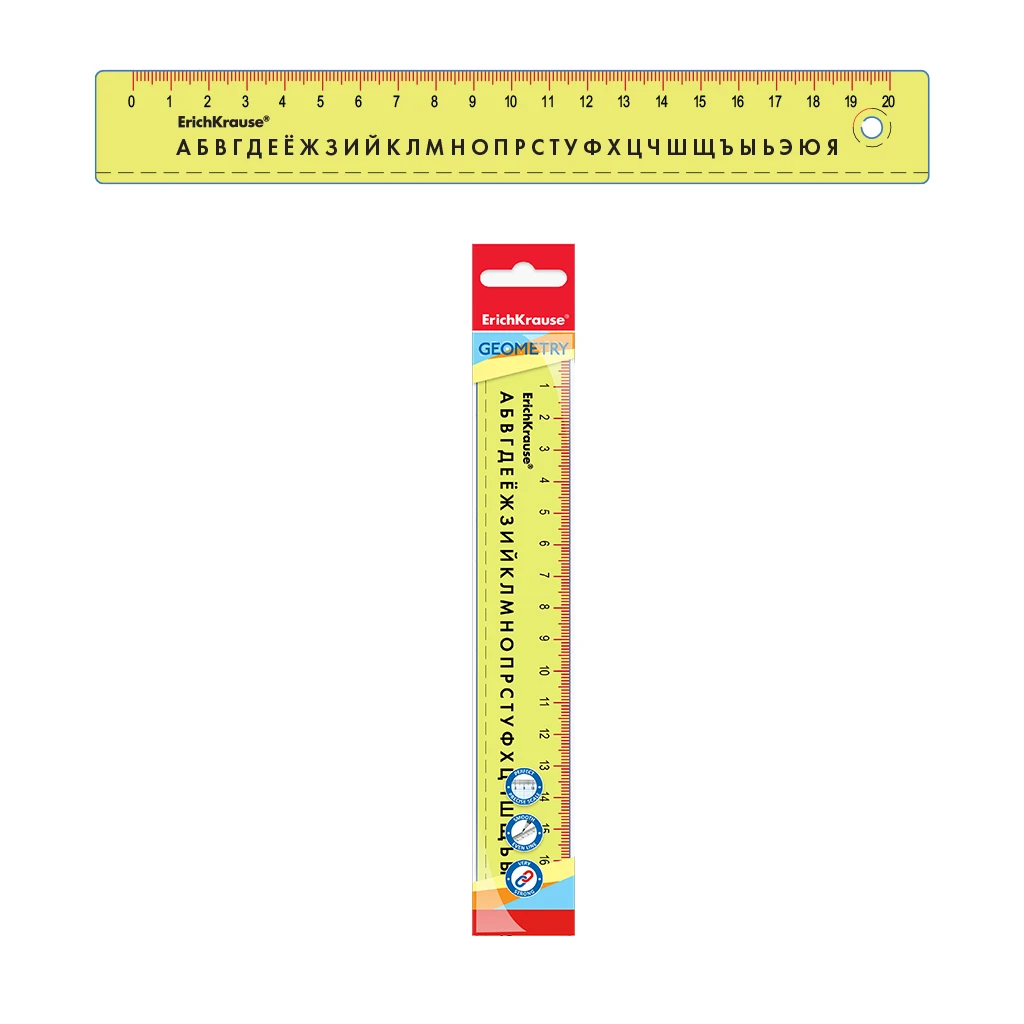 Линейка с русским алфавитом пластиковая ErichKrause® Neon, 20см, желтый, во