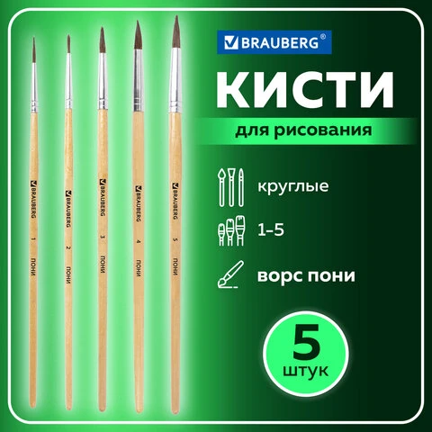 Кисти BRAUBERG, набор 5 шт. (из ворса пони круглая № 1, 2, 3, 4, 5), блистер,