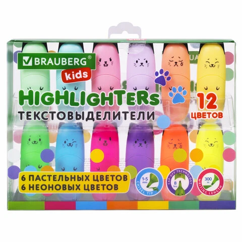 Набор текстовыделителей мини 12 ЦВЕТОВ BRAUBERG KIDS "CUTE CATS",