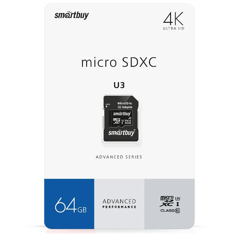Карта памяти SmartBuy MicroSDXC 64GB PRO U3 Advanced, Class 10, скорость чтения