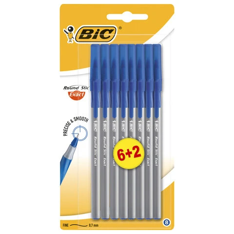 Ручки шариковые с грипом BIC "Round Stic Exact", НАБОР 6+2 шт., СИНИЕ,