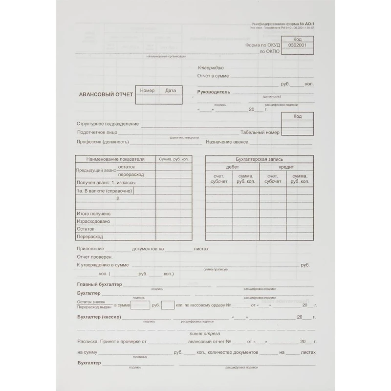 Бланк Авансовый отчет форма АО-1 А4 1у/5кн по 100л газетка(упаковка крафт)
