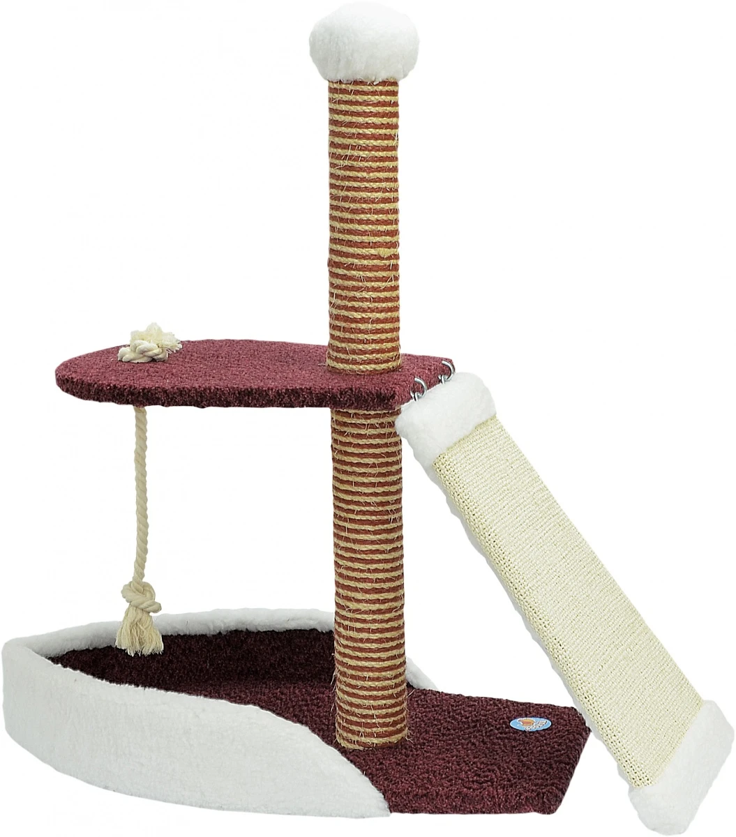Комплекс для кошек Кораблик, велюр + овчина белая. Зооник (680х380х850) бордовый