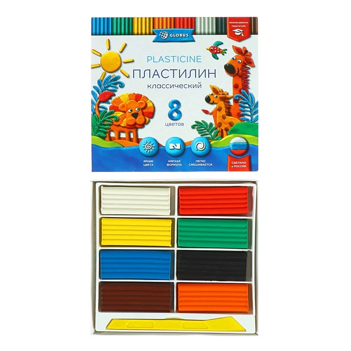 Пластилин GLOBUS «Классический», 8 цветов, 160 г, рекомендован педагогами