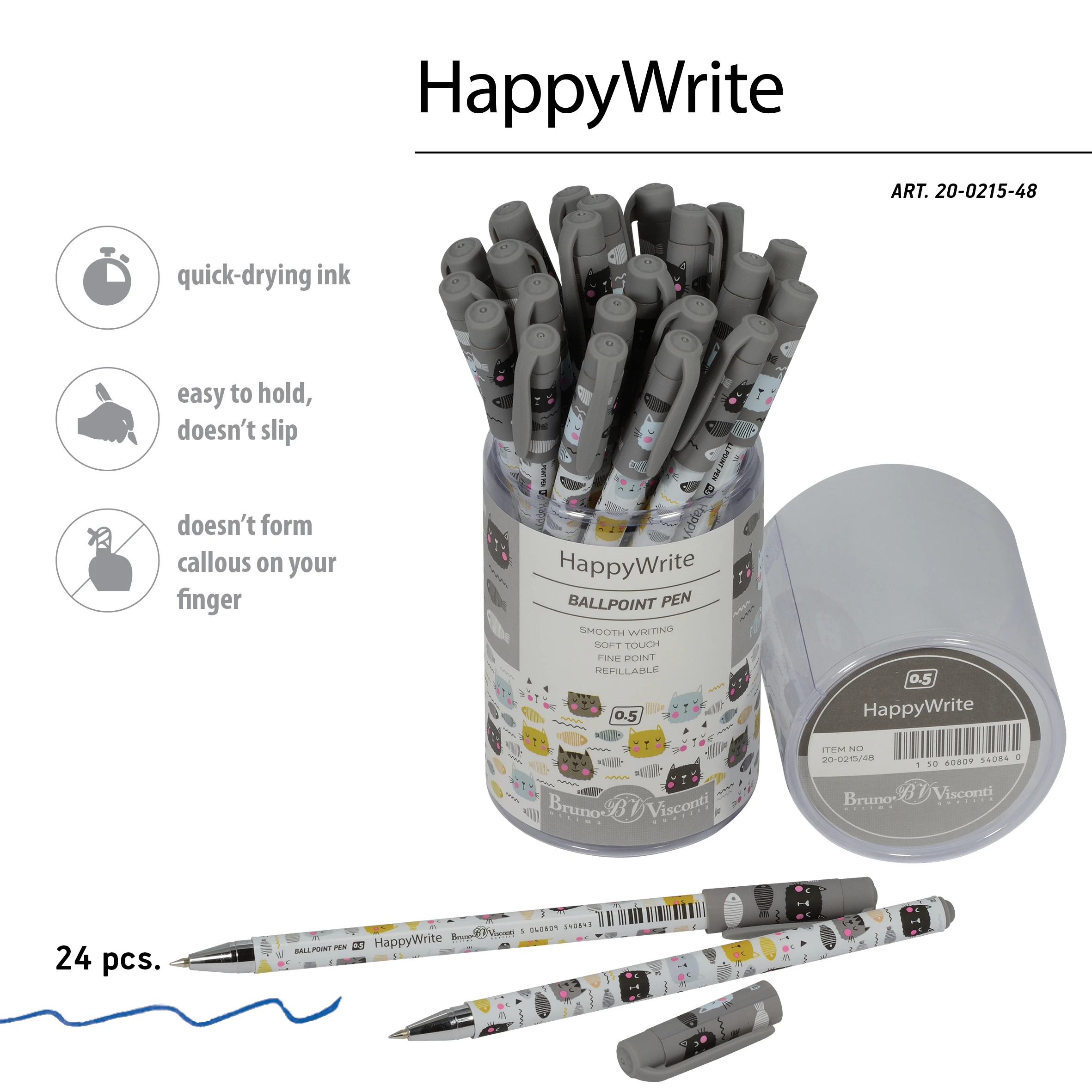 РУЧКА "HappyWrite. Котик" ШАРИКОВАЯ 0.5 ММ, СИНЯЯ