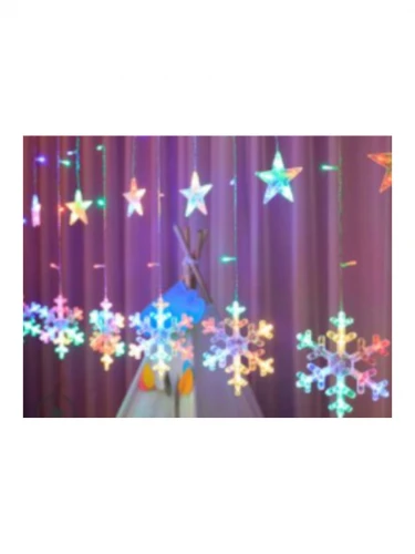 Гирлянда Штора со снежинками и звездами, прозрачная нить,12+126разноц ламп, 1