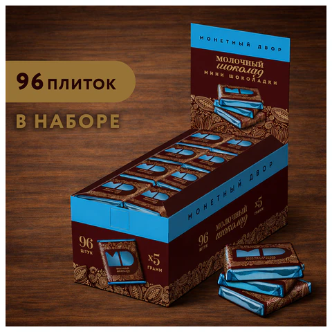 Шоколад порционный МОНЕТНЫЙ ДВОР, молочный шоколад 42%, 96 плиток по 5 г, в
