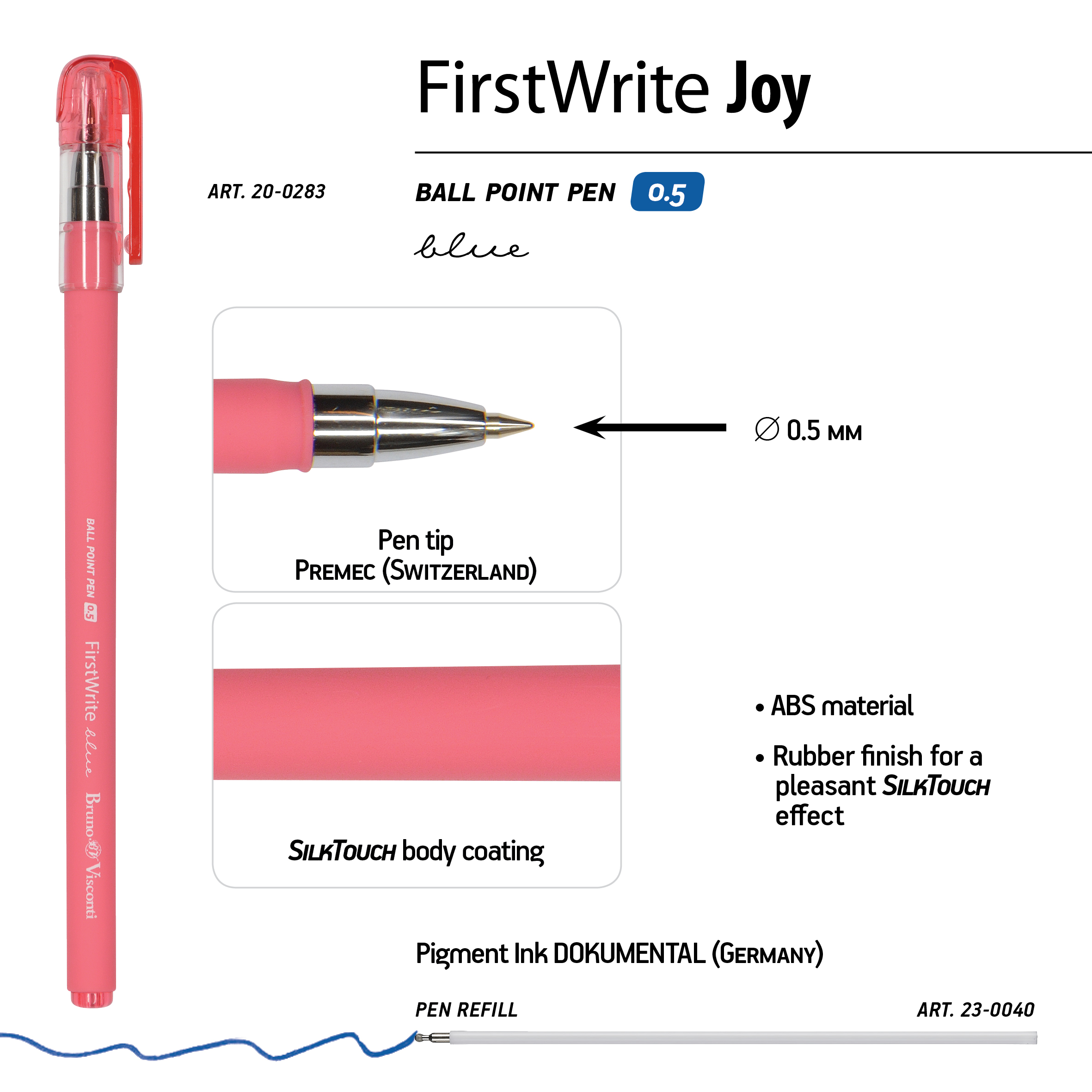 РУЧКА "FirstWrite. Joy" ШАРИКОВАЯ 0.5 ММ, СИНЯЯ (3 цвета корпуса)