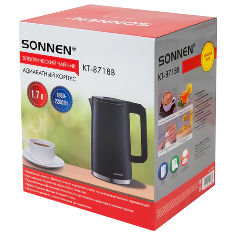 Чайник электрический с двойными стенками SONNEN KT-8718B, 1,7 л, 2200 Вт,