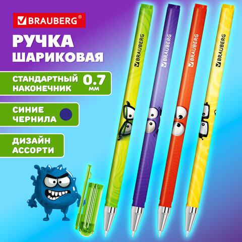 Ручка шариковая с принтом BRAUBERG "МОНСТРИКИ", СИНЯЯ, SOFT TOUCH