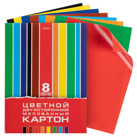 Картон цветной А4, 2-сторонний, МЕЛОВАННЫЙ, 8 листов, 8 цветов, в папке, HATBER,