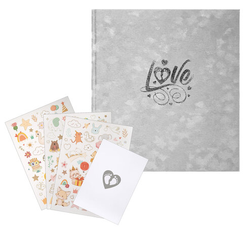 Фотоальбом-анкета детский 23х25 см, 32 листа, стикеры, открытка, конверт, серый