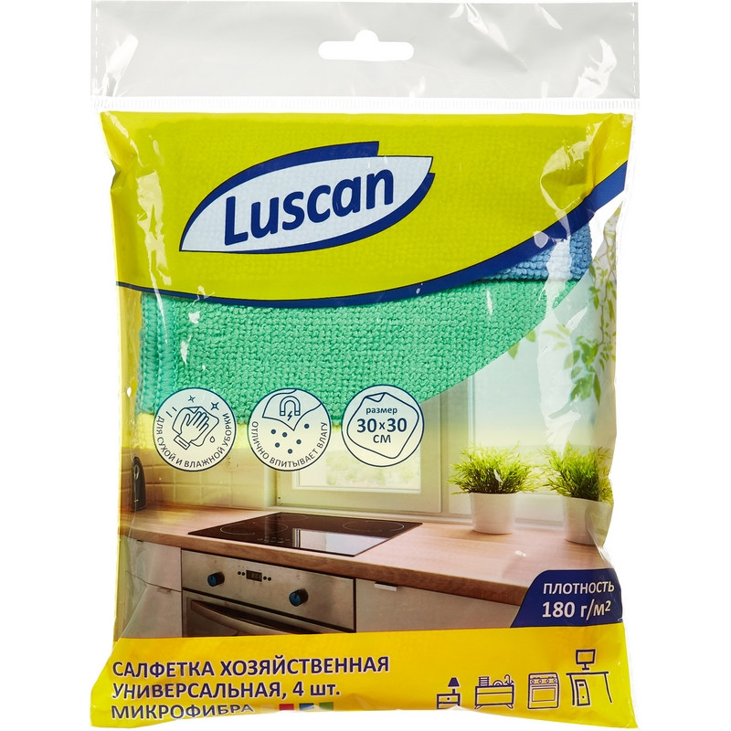 Салфетка хозяйственная Luscan универсальн микрофибра 180г 30х30см 4шт/уп Салфетка хозяйственная Luscan универсальн микрофибра 180г 30х30см 4шт/уп