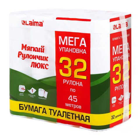 Бумага туалетная "МЯГКИЙ РУЛОНЧИК ЛЮКС" белая, 100% целлюлоза, спайка Бумага туалетная "МЯГКИЙ РУЛОНЧИК ЛЮКС" белая, 100% целлюлоза, спайка