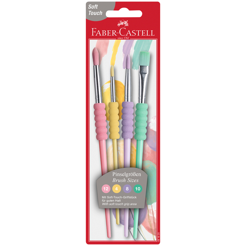 Набор кистей Faber-Castell 4шт., круглые № 12,4,8, плоская №10, пастел. цвета., Набор кистей Faber-Castell 4шт., круглые № 12,4,8, плоская №10, пастел. цвета.,